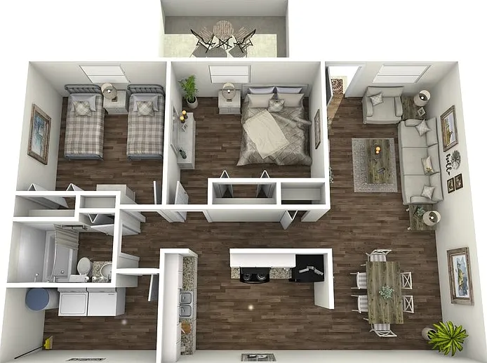 2 Bed 1 Bath Floorplan Diagram