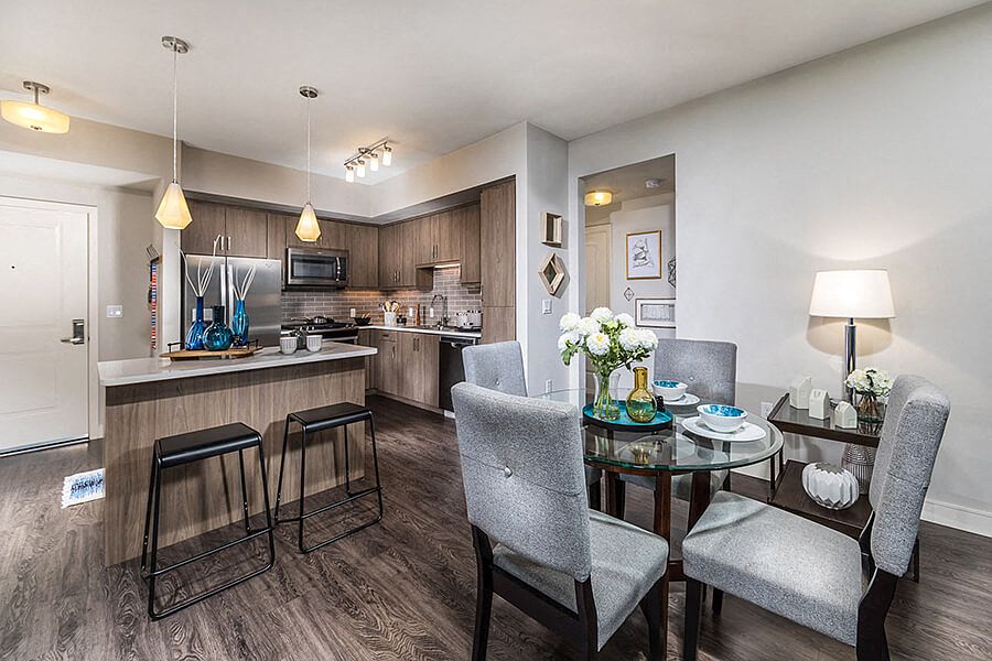 Urban Bronze Finish Package: Dark brown flat panel cabinets, riverbank quartz countertops, glazed ceramic tile backsplash