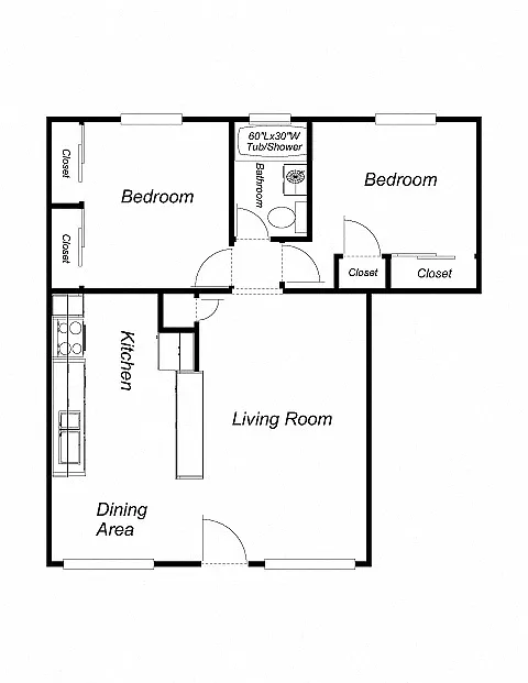 Floor plan 2-Bedrooms, 1-Bathroom (NP)