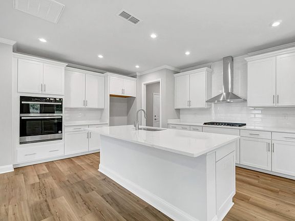 Gourmet Kitchen with a double over and a hooded vent.