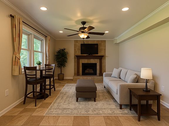 living room & dining space, virtual staging applied