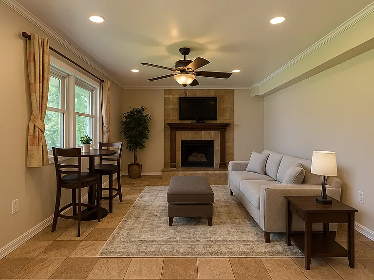 living room & dining space, virtual staging applied