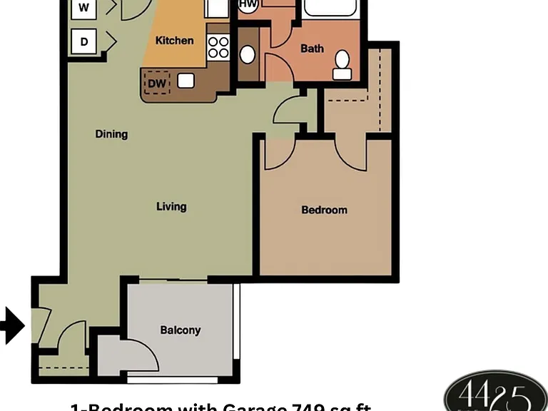 1 Bedroom 1 Bath w/ Garage l 749 sq ft l Floor Plan 1 Bedroom 1 Bath w/ Garage l 749 sq ft l Floor Plan