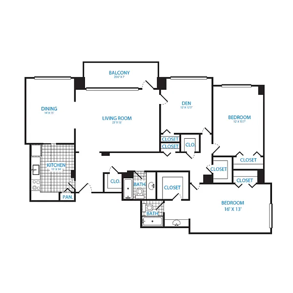 Floor plan 2 Bedroom + Den, 2 Bath 1801 SF C2