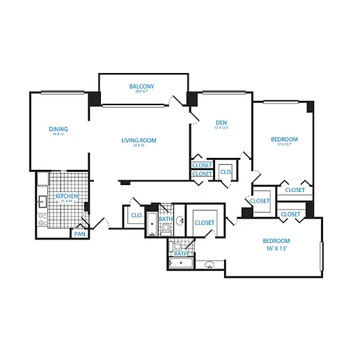 Floor plan 2 Bedroom + Den, 2 Bath 1801 SF C2