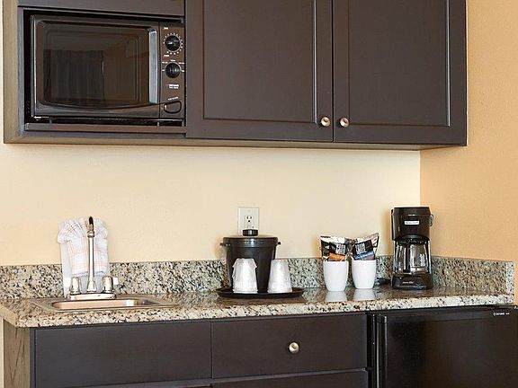 mini kitchen with microwave, sink, mini refrigerator