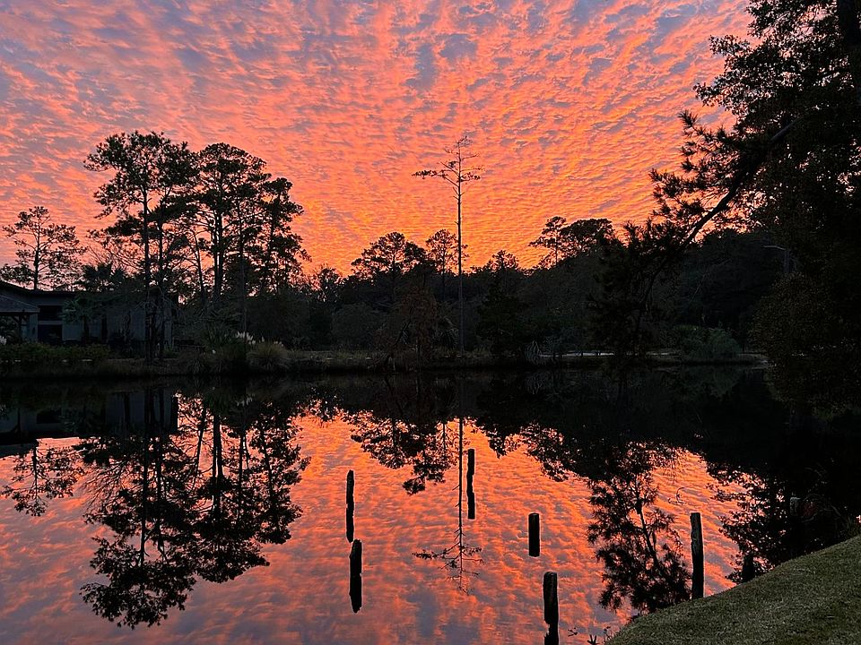 Sunset over pond in backyard