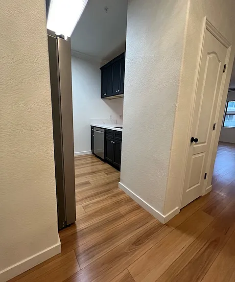 View from entryway to the kitchen, coat closet and to the living area.