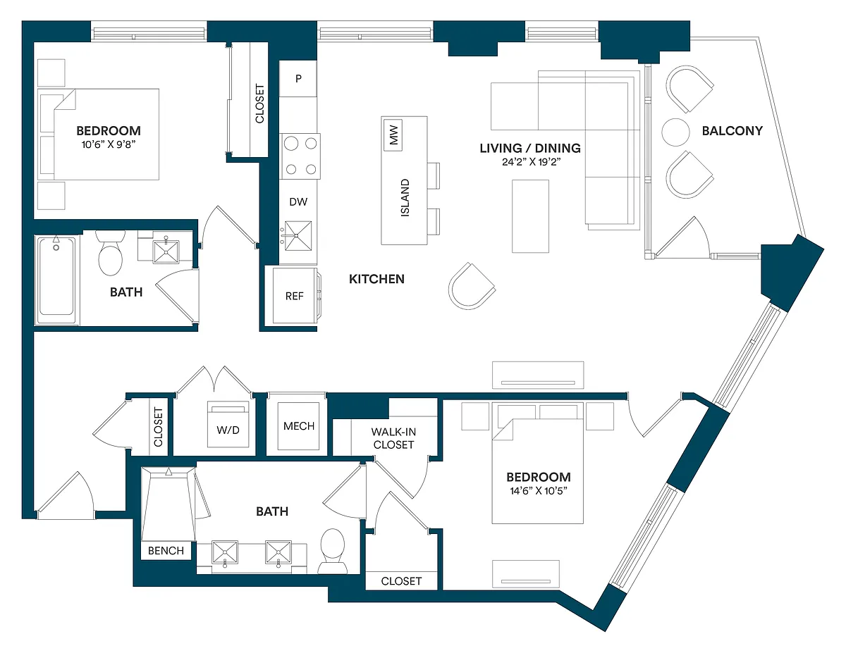 Floor plan 2 Bed/2 Bath-E1-TYP-01
