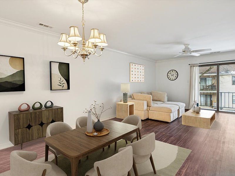 Virtually staged dining area and living room