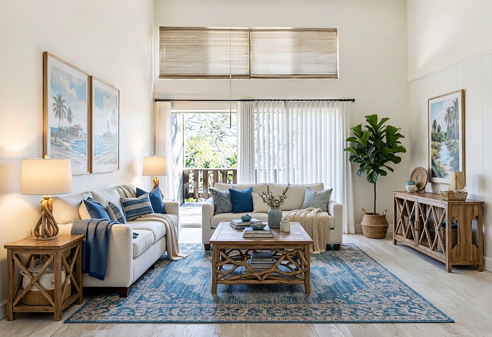 Loft apartment living room with a terrace and high ceilings. Blinds included.