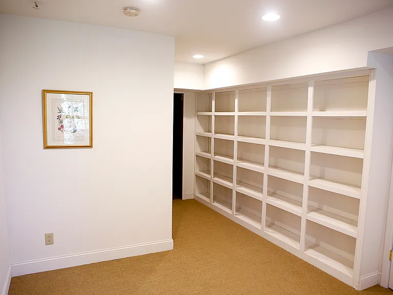 Basement Bedroom with lots of built in shelving