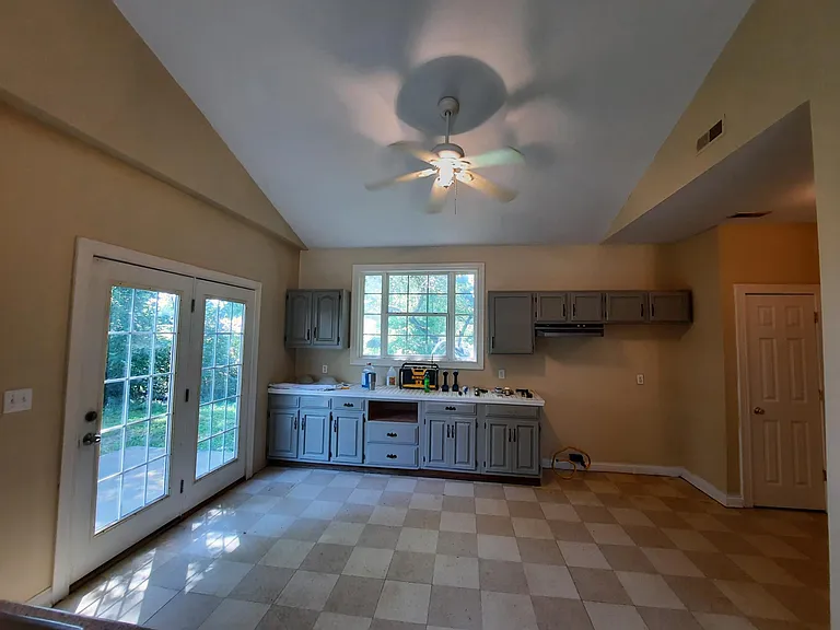 Kitchen at double patio doors