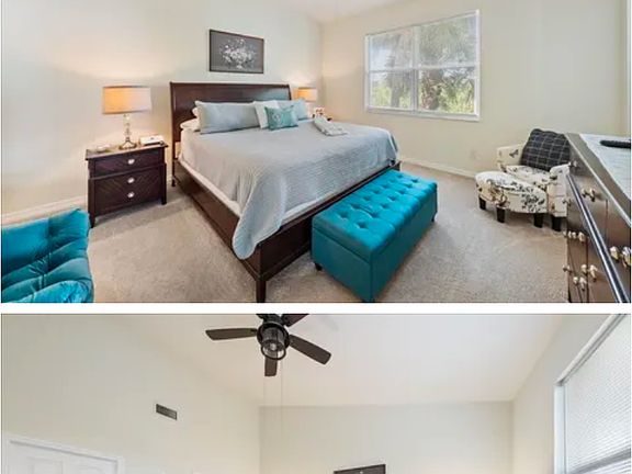 Master bedroom with new king mattress! Double closets and large master bath with double vanities, more closets, and shower with seat!