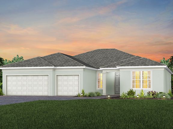 The Stellar, a one-story single family home with a 2.5 car garage, shown as home exterior FM1