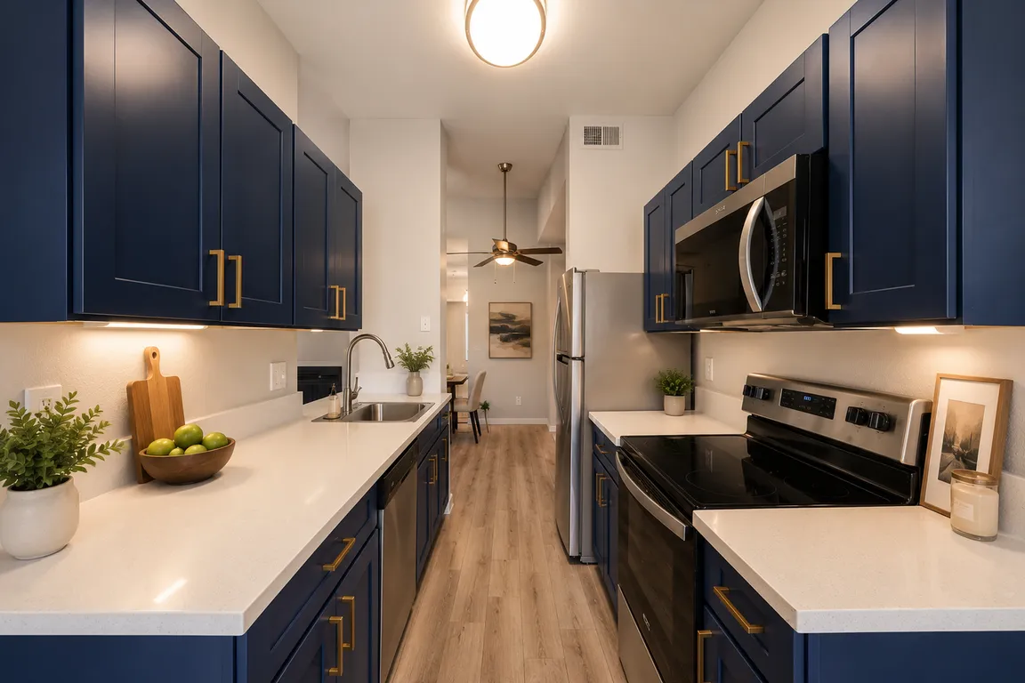 Modern galley kitchen with navy accents