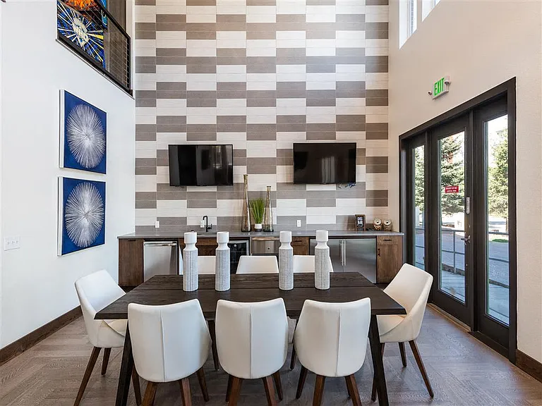 Brown and white accent wall in resident lounge