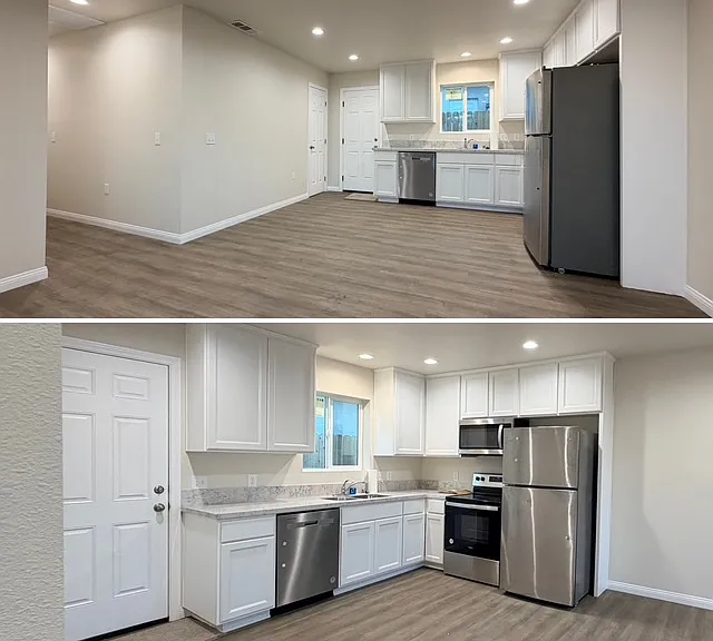 KITCHEN has Quartz countertops and large stainless-steel (SS) sink, new SS appliances provided (refrigerator, electric stove/oven, microwave)
