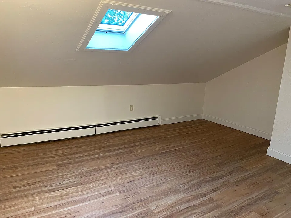 Separate bedroom featuring a skylight, new flooring, and freshly painted walls.