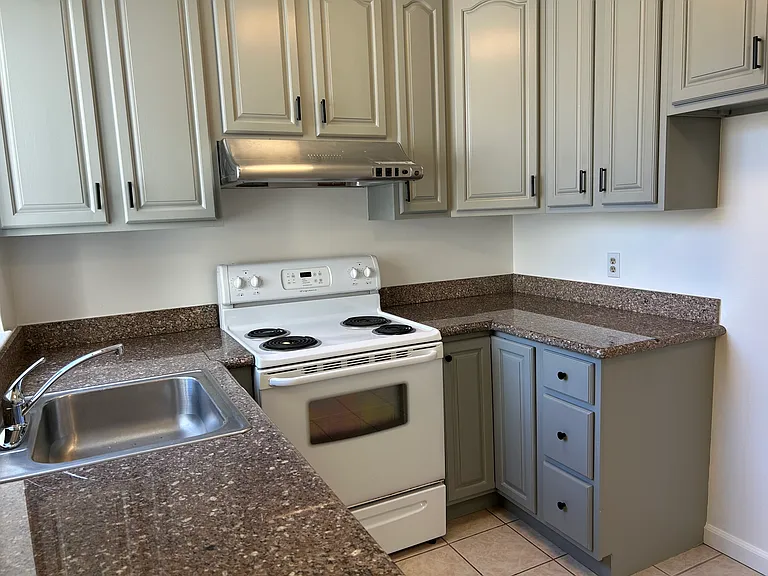 Kitchen has been updated with newly painted cabinets in 'vintage pewter' color with black matte handles and knobs. Newly installed light fixtures and faucet. granite counter tops.