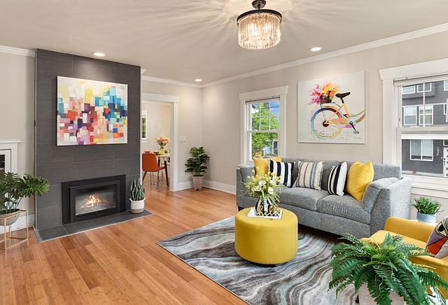 Electric Fireplace, TV mount (where you see the left picture frame) and AC (where you see the right picture frame)