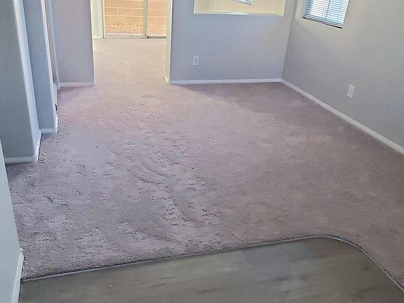 Living room area with new carpet and wood laminate flooring.