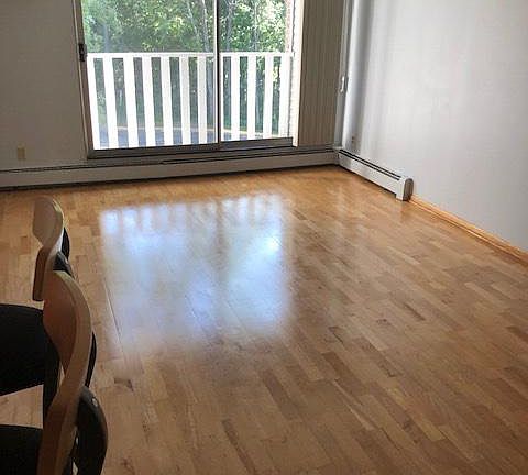 Beautiful wooded view off deck and hardwood floors in living and bedroom areas