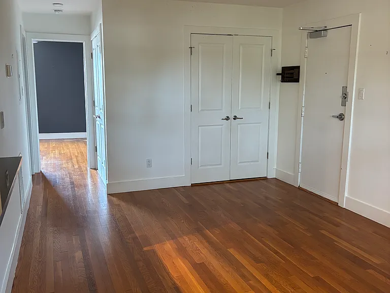 Living room with front door, entry closet, and hallway to bedroom.