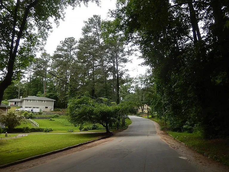 View of quiet, tree-lined street