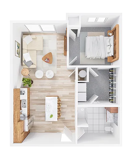 Floor plan 1 Bedroom / 1 Bathroom Corner Unit