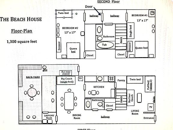 Here is the layout. It_s 2 floors. 1st level is the Living rm, 1/2 bathroom, Kitchen, Dining rm, Laundry rm, back yard with outdoor shower. 2nd level has 2 huge bedrooms - each 13_ x 17_, with: walk-in closet, queen bed & twin bed, 2 dressers, 2 chai