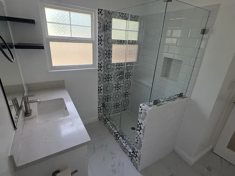 Remodeled bathroom with step-in shower