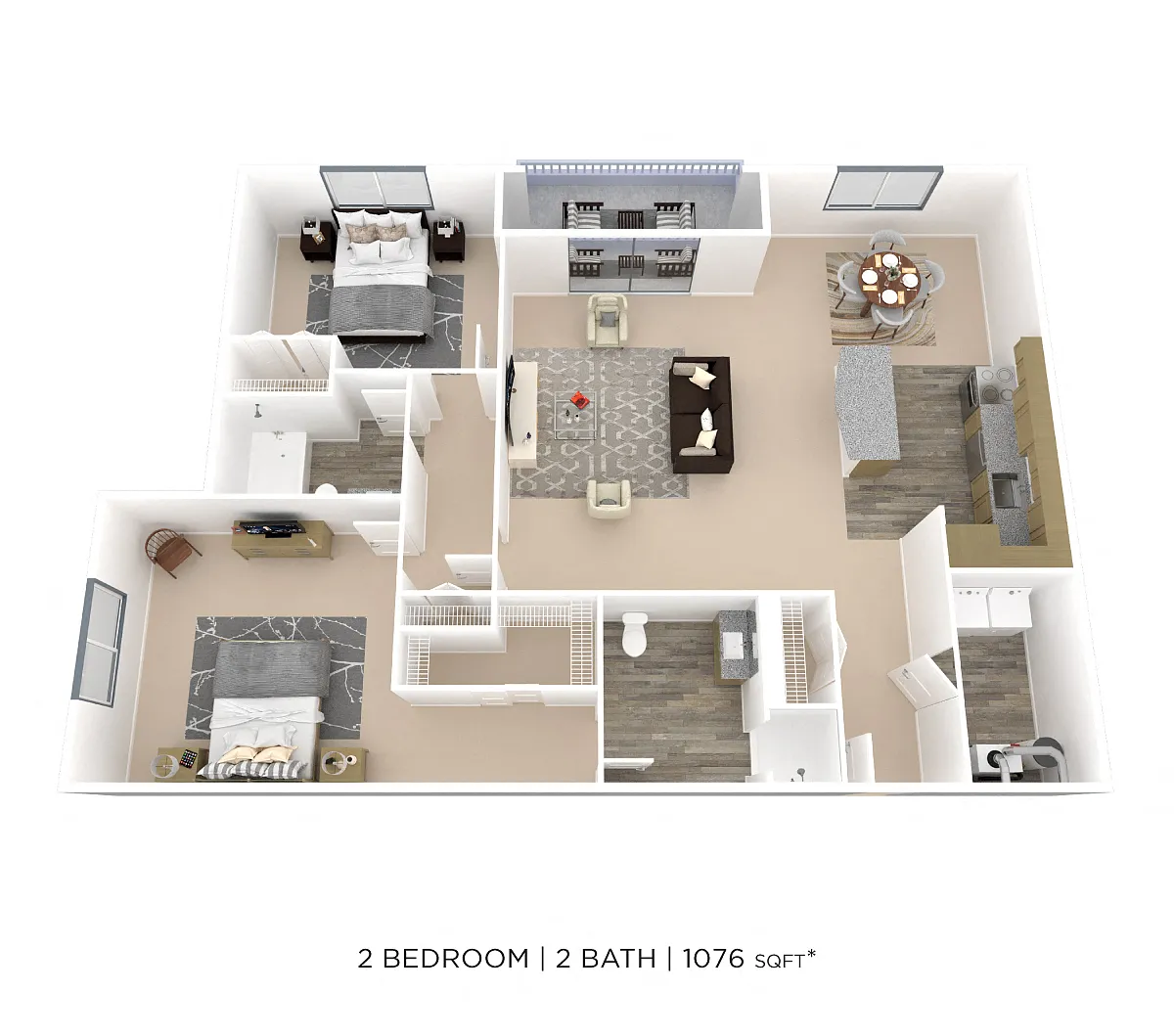Floor plan Two Bedroom 2 Bath- 1076 sqft