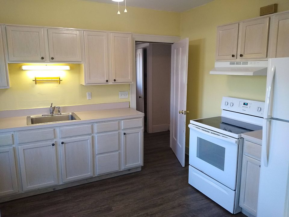 Kitchen and back door to common hallway. Electric stove with fan and light, refrigerator.