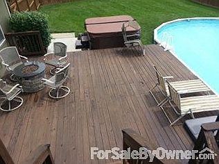 View of lower deck from upper deck
						:
						Pool is 41ft x 21ft with new pump and 1 year old filter