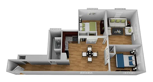 Floor plan 2 Bedroom 1 Bathroom with Dining Room
