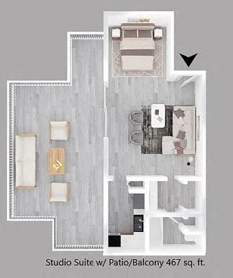 Floor plan Studio Suite with Patio/Balcony - The Spark