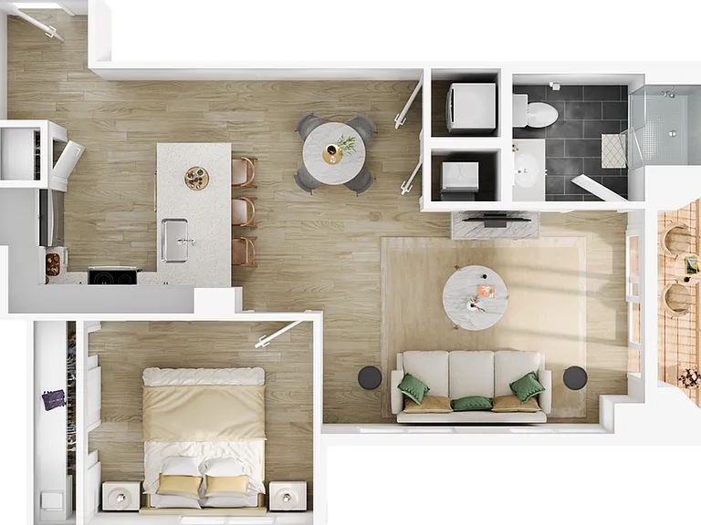 Explore this modern apartment layout, combining style and practicality. Explore this modern apartment layout, combining style and practicality.