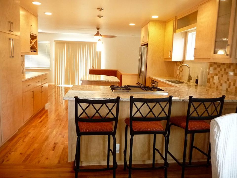 Modern kitchen, looking west to mountains.