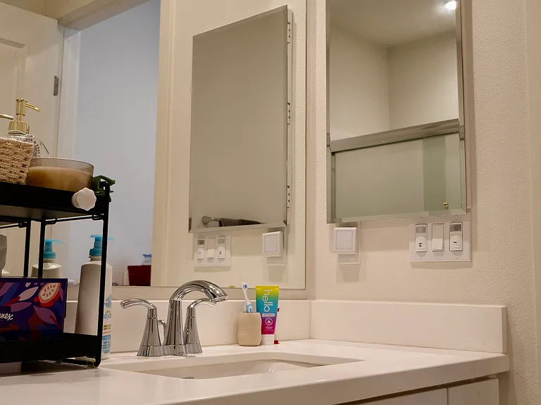 Bathroom 2: Vanity view highlighting a large mirror, a medicine cabinet, and ample drawer storage below the sink.