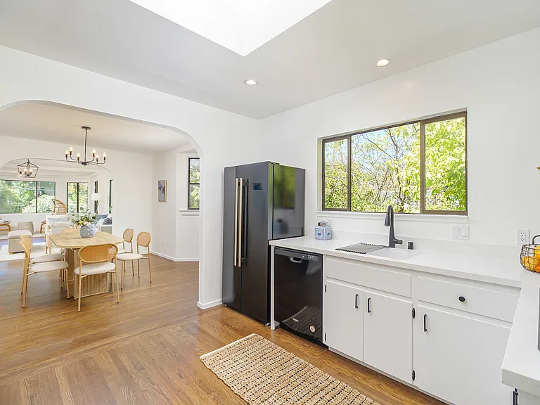Kitchen flows to dining space
