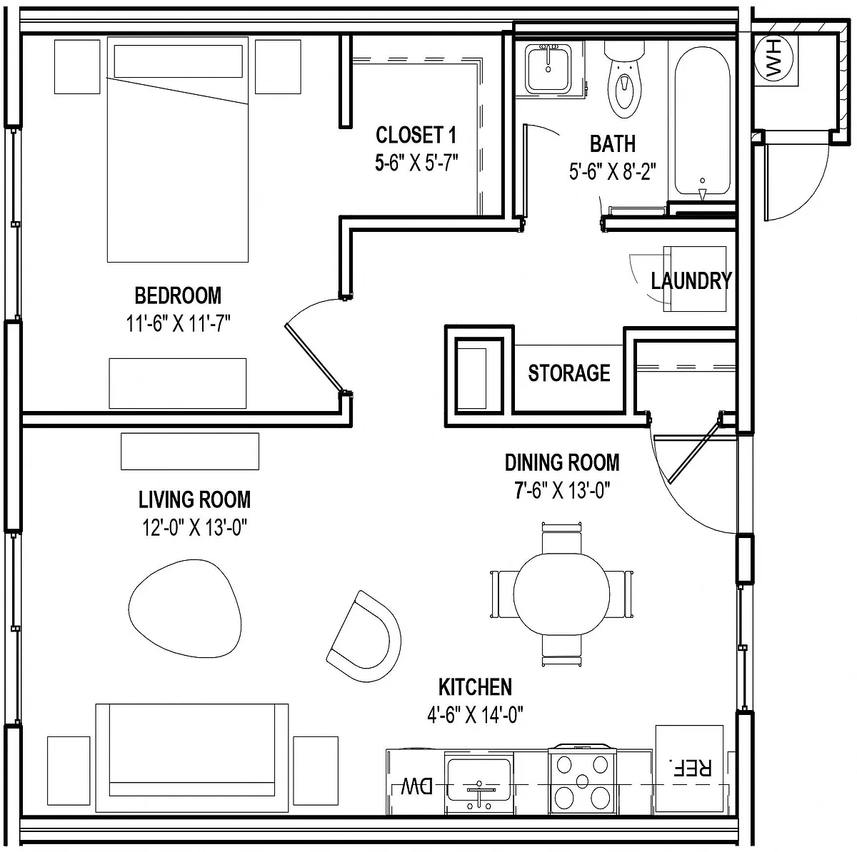 Floor plan A1: 1 Bed 1 Bath
