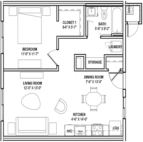 Floor plan A1: 1 Bed 1 Bath