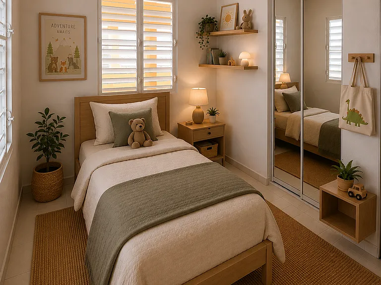 Digitally staged version of Bedroom 2 to help generate ideas of how your family can make this space your own.
