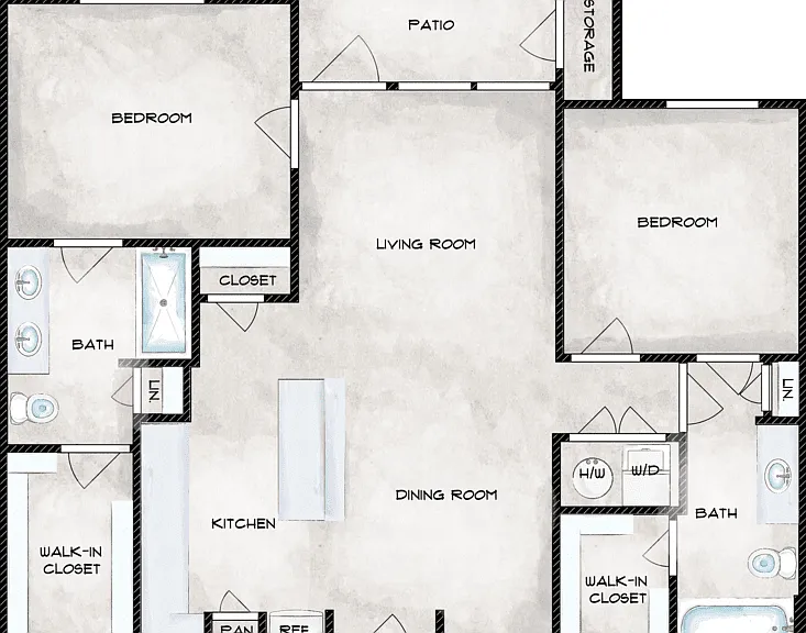 2 Bed 2 Bath B Floorplan Diagram