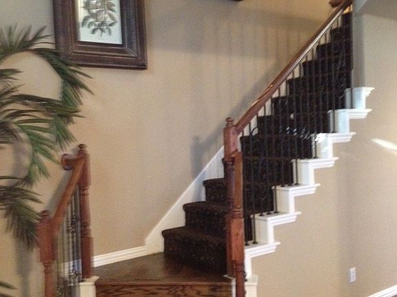 Stairs with designer carpet and new iron bannisters