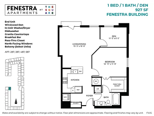 Floor plan Fenestra - 1 Bed / 1 Bath / Den