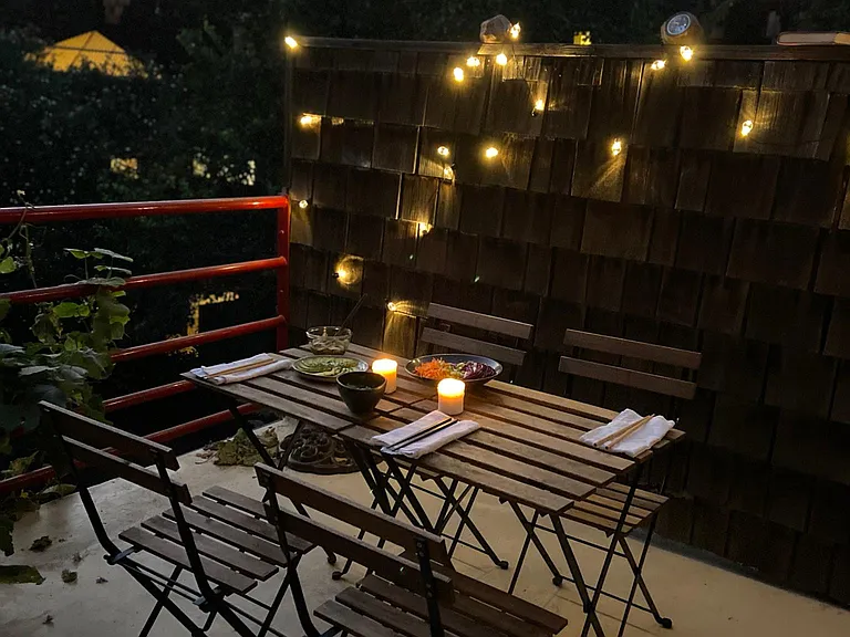 Upstairs outdoor patio and deck. Not pictured, large outdoor cupboard for cleaning supplies, or previously, a kegorator.