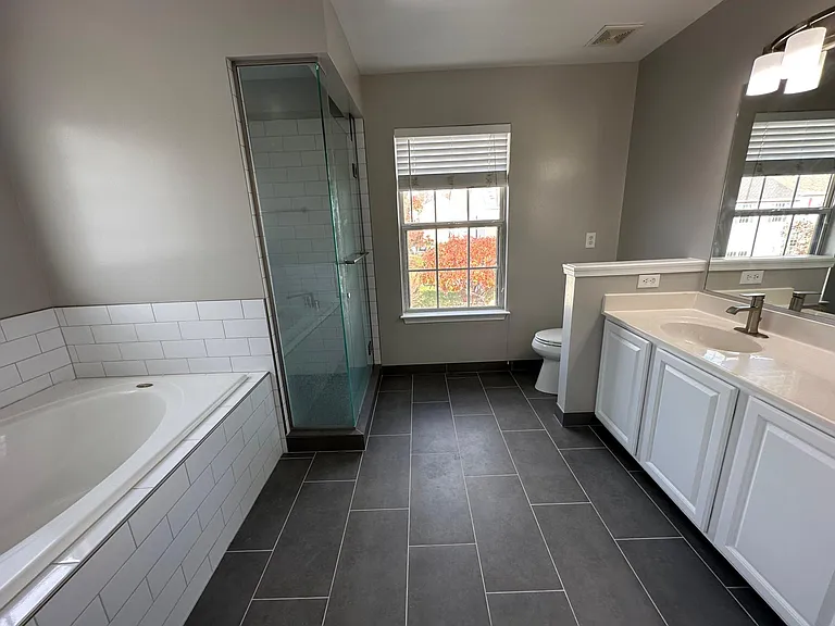 Master Bathroom tub and fully renovated glass shower