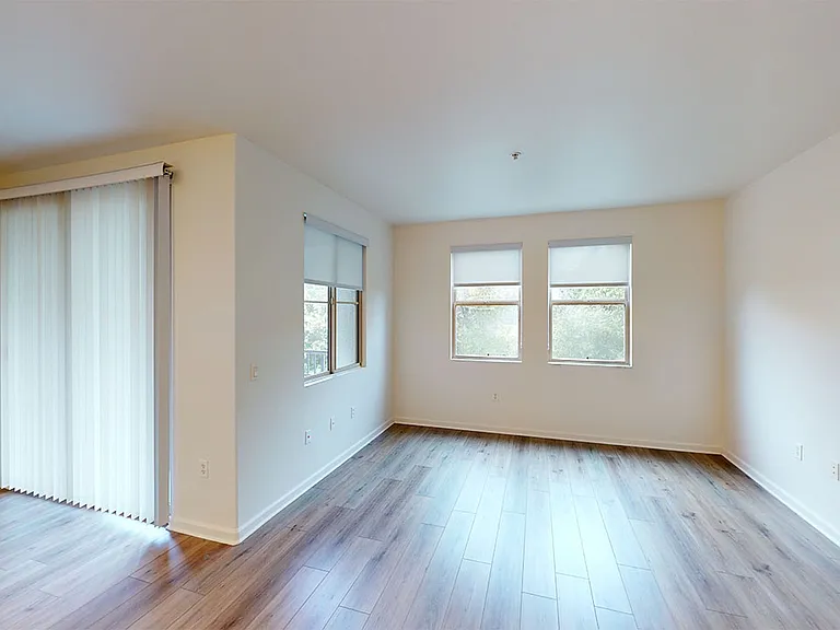 Apartment living room with wood-style flooring.